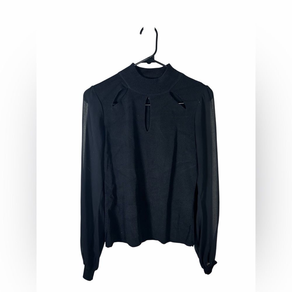 INC International Concepts Black Mock Neck Long Sleeve Top with Keyhole Accents